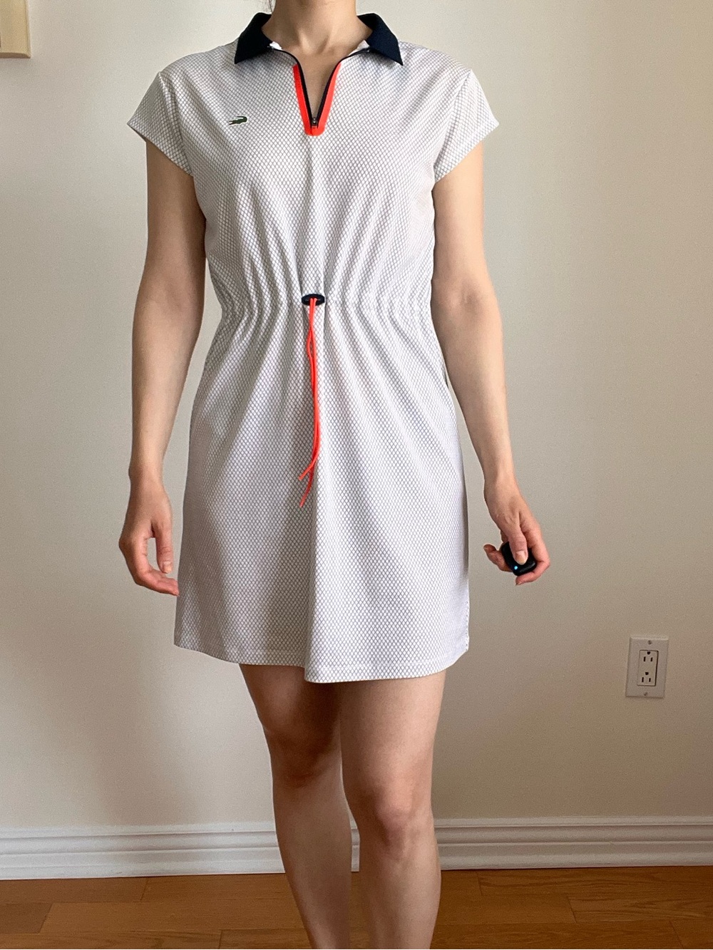 Lacoste White Polo Dress with Navy Collar and Neon Orange Trim